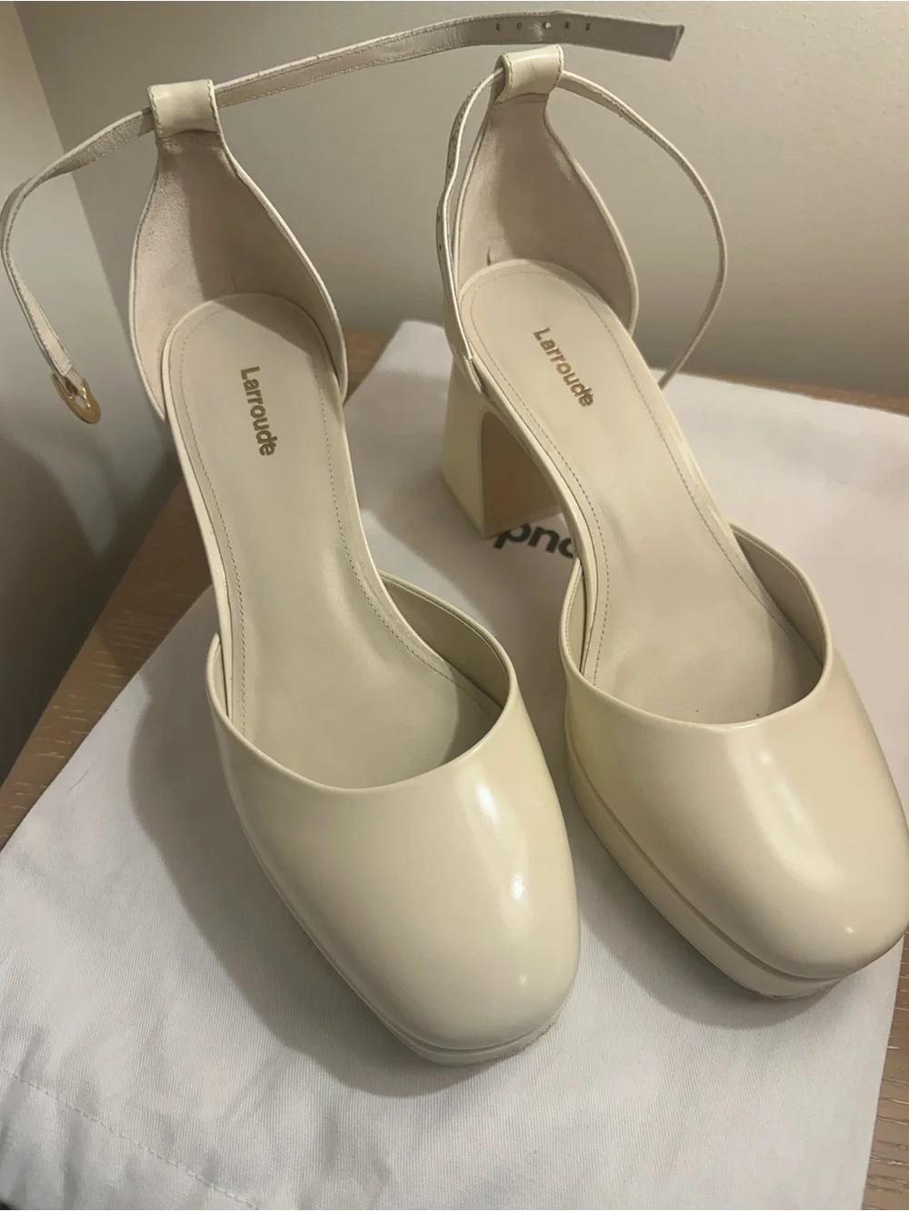 Larroude Cream Ankle-Strap Platform Block Heels